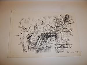 Immagine del venditore per DESSIN ORIGINAL : "NANTES - LE PONT ET LA TOUR DU BOUFFAY" PAR JEAN-ARMAND BREGEON - 1966 - venduto da Librairie Guimard