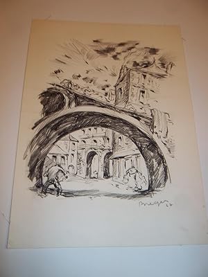 Immagine del venditore per DESSIN ORIGINAL : "NANTES - LE PONT DE L'ARCHE SECHE ET LE PONT SAUVETOUT " PAR JEAN-ARMAND BREGEON - 1967 - venduto da Librairie Guimard