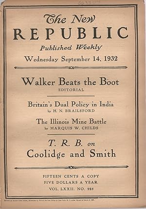 Imagen del vendedor de The New Republic, Volume LXXII (72): No. 928: September 14, 1932 a la venta por Dorley House Books, Inc.