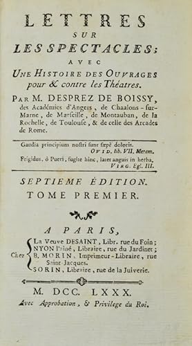 Image du vendeur pour Lettres sur les Spectacles ; avec une Histoire des Ouvrages pour & contre les Thtres. mis en vente par Bonnefoi Livres Anciens