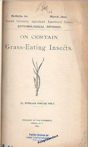 Seller image for Felt, Ephraim Porter: On Certain Grass-Eating Insects. (Bulletin 64: p.45-102 , Plate I - XIV) // Law, James: Tuberculosis in Relation to Animal Industry and Public Health. (Bulletin 65: p. 103-175) // Bailey, L. H.: The Native Dwarf Cherries. (Bulletin 70: p. 255-265, Plate 1-2) // Lodeman, E. G.: Black-Knot of Plums and Cherries, and Methods of Treatment. (Bulletin 81: p. 633-655) // Law, James: Experiments with tuberculin on Nontuberculous Cows. (Bulletin 82: p. 657-676) // Bailey, L. H.: The Recent Apple Failures of Western New York. (Bulletin 84: p. 1-34) // Wing, H. H.: Whey Butter. (Bulletin 85: p. 35-41) // Pettit, R. H.: Studies in Artificial Cultures of Entomogenous Fungi. (Bulletin 97: p. 337-378, Plate I - XI) // Bailey, L. H. and Powell, G. H.: Cherries. (Bulletin 98: p. 379-412) for sale by Antiquariat Carl Wegner