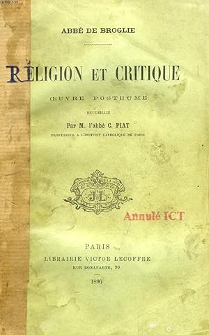 Bild des Verkufers fr RELIGION ET CRITIQUE, OEUVRE POSTHUME zum Verkauf von Le-Livre