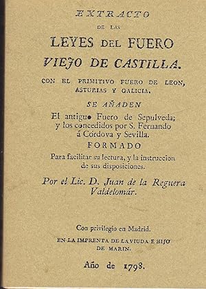 Imagen del vendedor de EXTRACTO DE LAS LEYES DEL FUERO VIEJO DE CASTILLA Con el Primitivo Fuero de len Asturias y Galicia se Aaden Fuero de Seplveda y concedidos por s Fernando a Cordoba y Sevilla (Facsimil del publicado en 1798 Madrid Imprenta Viuda e hijo Marn a la venta por CALLE 59  Libros