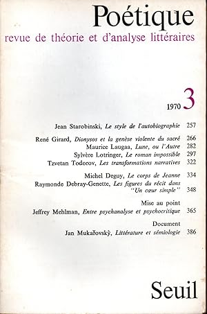 POETIQUE Nr. 3, Revue de théorie et d'analyse littéraires