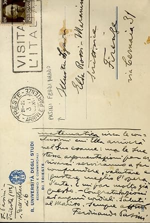 Cartolina postale manoscritta autografa, firmata, indirizzata a Elda Bossi-Maranini, scrittrice, ...