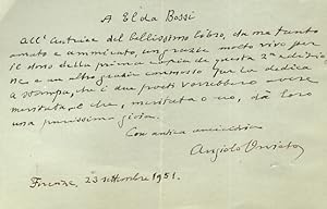 Lettera manoscritta autografa, firmata, indirizzata alla scrittrice Elda Bossi. Su una facciata, ...