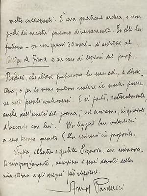 Lettera manoscritta autografa, firmata, indirizzata alla scrittrice Elda Bossi. Su due facciate, ...