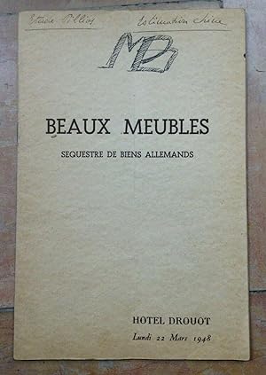 Catalogue De Vente Du 22 mars 1958. Beaux meubles. Sequestre De Biens allemands.