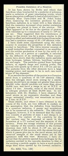"Possible Existence of a Neutron" in Nature Vol. 129, January to June, 1932 [CHADWICK ASSERTS "PO...