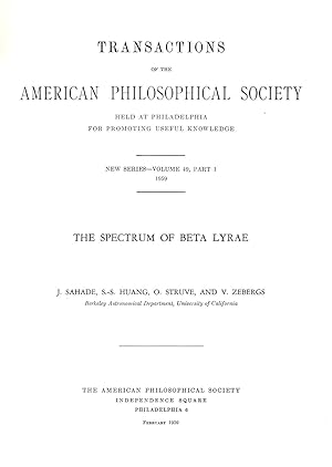 Imagen del vendedor de The Spectrum of Beta Lyrae Transactions of the American Philosophical Society Held at Philadelphia for Promoting Useful Knowledge New Series - Volume 49, Part 1 a la venta por Book Booth