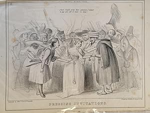 Satirical print, late 1830s, of the young Queen Victoria shying away from a crowd of people offer...