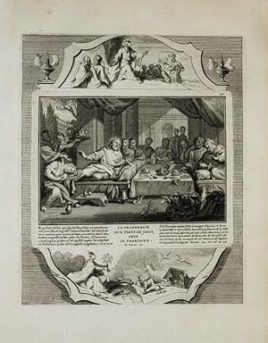 Bild des Verkufers fr Kupferstich von de Marne aus einer Bilderbibel. Luc. VII. 36. 37. 38. La pecheresse aux pieds de Jesus chez le Pharisien. zum Verkauf von Antiquariat Thomas Rezek