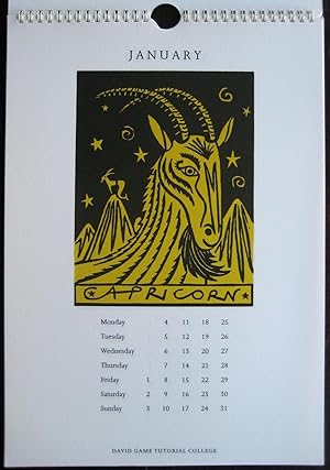 Image du vendeur pour David Game Tutorial College and Associated Colleges [calendar for 1988]. (Linocuts by Christopher Brown. Designed by Jonathan Gili) mis en vente par James Fergusson Books & Manuscripts