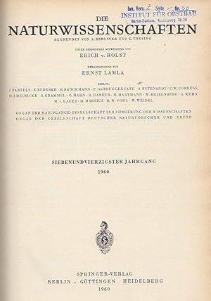 Bild des Verkufers fr Die Naturwissenschaften. Siebenundvierzigster (47.) Jahrgang 1960, komplett mit den Heften 1 (erstes Januarheft) bis 24 (zweites Dezemberheft). Mit Inhaltsverzeichnis, Autoren- und Sachregister, Buchbesprechungen. --- Beispiele aus dem Inhalt: Allgemeines, Geschichte der Naturwissenschaften: ber die Gltigkeit der Logik der Natur. Von P. Mittelstaedt. // Reine und angewandte Phyik: Der Nachweis der Schwere des Lichtes. Von E. Finlay-Freundlich. // Reine und angewandte Chemie. Biochemie: Neuere Entwicklung der Gaschromatographie. Von E. Bayer. --- 'Die Naturwissenschaften': weltweit hoch angesehene Fachzeitschrift von internationalem Rang, vor allem in den zwanziger und dreiiger Jahren des letzten Jahrhunderts, besonders in den Bereichen Physik und Chemie. zum Verkauf von Antiquariat Carl Wegner