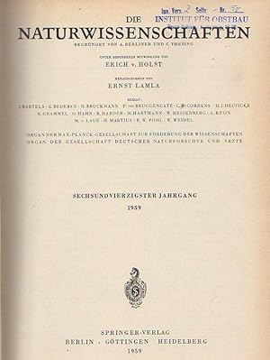 Bild des Verkufers fr Die Naturwissenschaften. Sechsundvierzigster (46.) Jahrgang 1959, komplett mit den Heften 1 (erstes Januarheft) bis 24 (zweites Dezemberheft). zum Verkauf von Antiquariat Carl Wegner