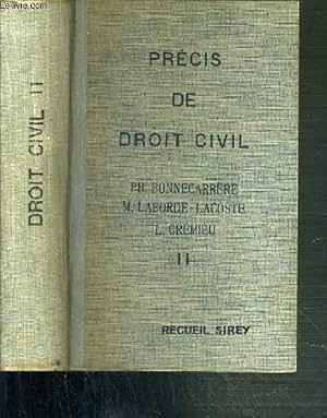 Bild des Verkufers fr PRECIS ELEMENTAIRE DE DROIT CIVIL - (CONFORME AU PROGRAMME DES EXAMENS DE CAPACITE) - LA CAPACITE EN DROIT - TOME II zum Verkauf von Le-Livre