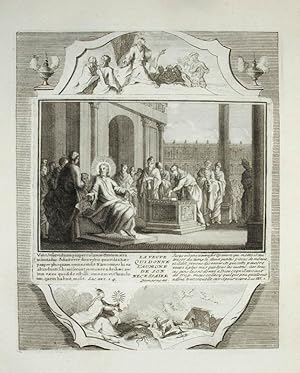 Bild des Verkufers fr Kupferstich von Demarne aus einer Bilderbibel. Luc. XXI. 1. 4. La veuve qui donne l'aumone de son necessaire. zum Verkauf von Antiquariat Thomas Rezek