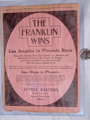 Full Page Automobile Ad: THE FRANKLIN WINS, Los Angeles to Phoenix Race, 1912
