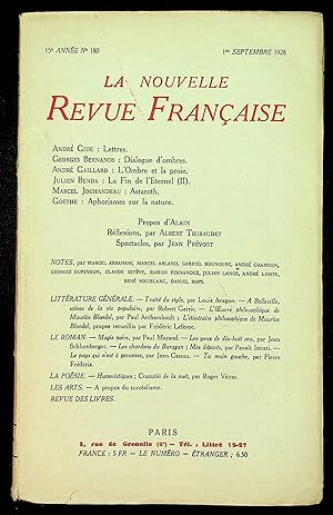 Imagen del vendedor de La Nouvelle Revue Franaise - 1er septembre 1928 - 15me anne n180 a la venta por LibrairieLaLettre2