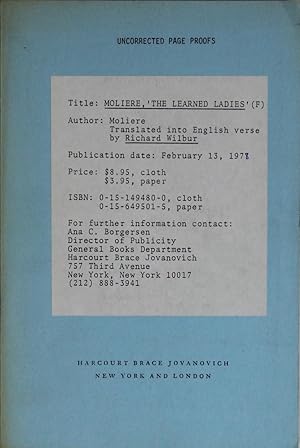 Image du vendeur pour The Learned Ladies: Comedy in Five Acts, 1762 -- Translated Into English Verse By Richard Wilbur mis en vente par Gaabooks