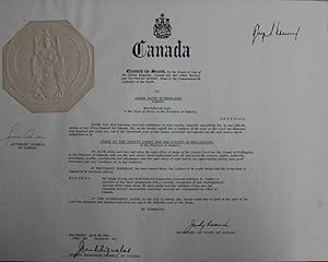 Judge David Sutherland certificate of Canada (signed by at least George Vanier co-signed by Judy ...