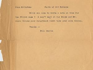 Unsigned typed note of William Arthur Deacon to Joan Hollobun