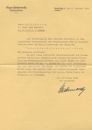 Typed Letter Signed (TLS) of Eugen Hadamovsky in German to J.G. Merrick, Toronto