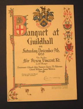 Banquet at Guildhall on Saturday November 9th 1935 - Menu, Programme and Seating Plan
