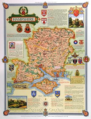 HAMPSHIRE. Decorative map of Hampshire with inset views of Carisbrooke Castle, the See of Winch...