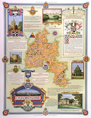 OXFORDSHIRE. Decorative map of Oxfordshire with inset views of Broughton Castle, Blenheim Palac...