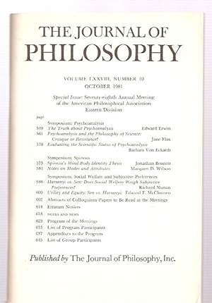 Imagen del vendedor de The Journal of Philosophy Volume LXXVII, Number 10 October 1981 Special Issue: Seventy-eighth Annual Meeting of the American Philosophical Association Eastern Division a la venta por biblioboy