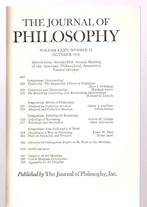 Seller image for The Journal of Philosophy Volume LXXV, Number 10 October 1978 for sale by biblioboy