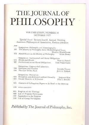 Imagen del vendedor de The Journal of Philosophy Volume LXXIV, Number 10 October 1977 Special Issue: Seventy-fourth Annual Meeting of the American Philosophical Association Eastern Division a la venta por biblioboy