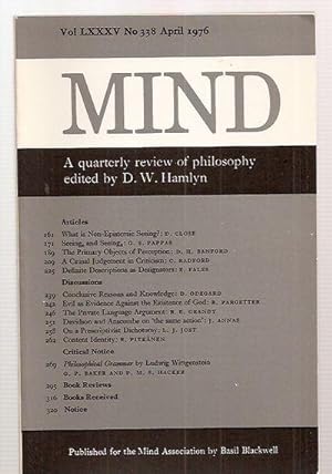 Bild des Verkäufers für Mind: A Quarterly Review of Philosophy Vol LXXXV No 338 April 1976 zum Verkauf von biblioboy