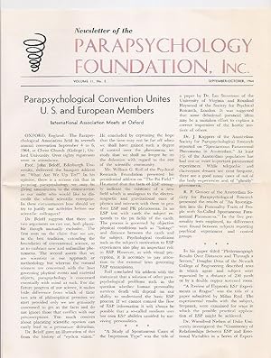 Bild des Verkufers fr Newsletter of the Parapsychology Foundation, Inc. Volume II, No. 5 September-October, 1964 zum Verkauf von biblioboy