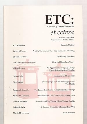 Imagen del vendedor de ETC: A Review of General Semantics Vol. 53, No. 4 Winter 1996-97 a la venta por biblioboy
