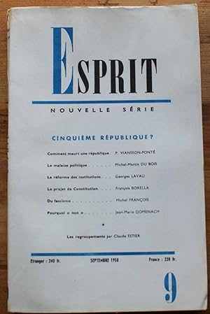 Image du vendeur pour Esprit N 9 de septembre 1958 - Vingt-sixime anne mis en vente par Aberbroc