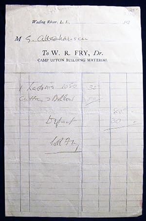 Bild des Verkufers fr Circa 1920 Receipt W.R. Fry, Camp Upton Building Material Wading River Long Island New York zum Verkauf von Certain Books, ABAA