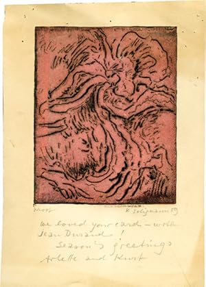 Christmas card titled "Moor," made by Kurt Seligmann, inscribed to Amos Vogel in 1959