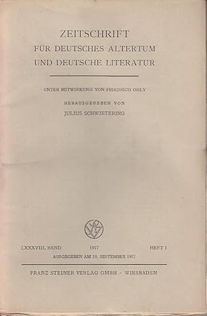 Immagine del venditore per Zeitschrift fr Deutsches Altertum und Deutsche Literatur. Anzeiger fr Deutsches Altertum und Deutsche Literatur., Bd. LXXXVIII / 88, Heft 1, 1957: K. von See; Werbung um Brnhild, Minis: ber die ersten volkssprachlichen Alexanderdichtungen, Bumke: Auflsung des Tugendsystems bei Wernher v. Elmendorf, W. Schrder: Leid in der "Klage". venduto da Antiquariat Carl Wegner