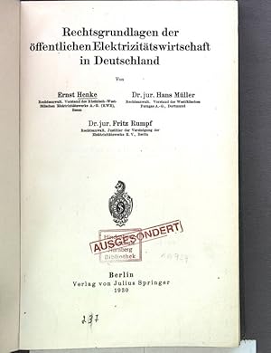 Bild des Verkufers fr Rechtsgrundlagen der ffentlichen Elektrizittswirtschaft in Deutschland. zum Verkauf von Antiquariat Bookfarm