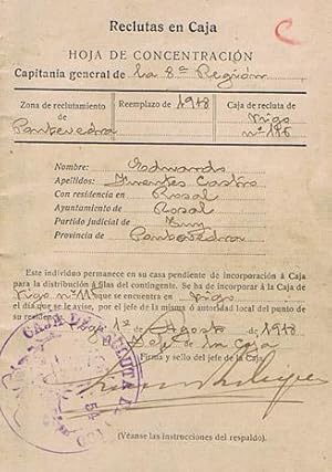 CARTILLA CAJA DE RECLUTAS DE VIGO - Zona de Reclutamiento de Pontevedra - Reemplazo de 1918