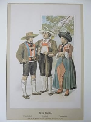 Seller image for Tiroler Trachten - Farblithographie mit 3 Figuren in Landestracht Passeierthal, Oetzthal ( von Achleitner und Ubl. Tiroler Trachten ) for sale by Allguer Online Antiquariat