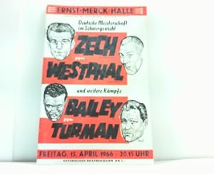 Immagine del venditore per Offizielles Boxprogramm. Fritz Wiene Prsentiert: Internationaler Boxgrosskampftag. U.a.: Deutsche Meisterschaft im Schwergewicht. Zech gegen Westphal und weitere Kmpfe Bailey gegen Turman. 15. April 1966. venduto da Antiquariat Ehbrecht - Preis inkl. MwSt.