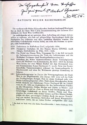 Datierte Welser Baudenkmäler (SIGNIERTES EXEMPLAR) Sonderdruck aus dem Jahrbuch des Musealvereine...