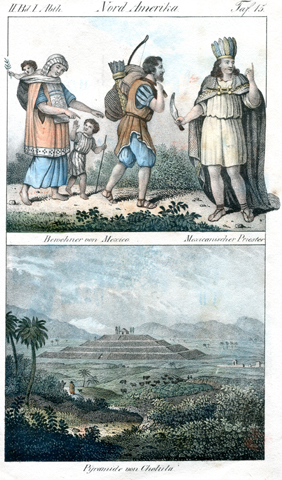 Bewohner von Mexico / Mexican. Priester / Pyramide Cholula - Völkerkunde - Lithographie