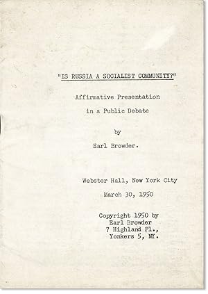 Bild des Verkufers fr Is Russia a Socialist Community?" Affirmative Presentation in a Public Debate zum Verkauf von Lorne Bair Rare Books, ABAA