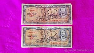 DOS BILLETES DEL BANCO NACIONAL DE CUBA, 10 PESOS, FIRMADO EN PLANCHA POR EL CHE, 1960