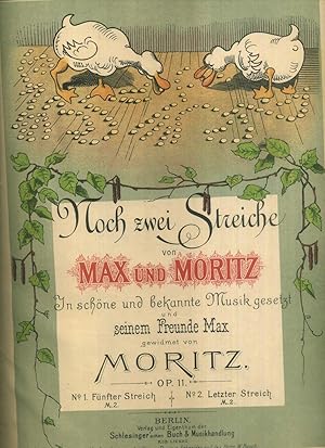 Bild des Verkufers fr Konvolut von 4 Notenheften zu Max und Moritz. Fr Gesang mit Piano. Jedes Heft mit einem farbig lithographierten Titelblatt. 4 Lithos, siehe Scans. : Noch zwei Streiche von Max und Moritz. In schne und bekannte Musik gesetzt und seinem Freunde Max gewidmet von Moritz. Op. 11. // Zwei Streiche von Max und Moritz. In schne und bekannte Musik gesetzt und seinem Freunde Max gewidmet von Moritz. Op. 7. Jedes Heft mit dem farbig lithographierten Titelblatt. - Einzelne Siten teilweise mit Papierstreifen verstrkt. Nur ein Heft lsst zu wnschen brig. - Rest gut. zum Verkauf von Umbras Kuriosittenkabinett