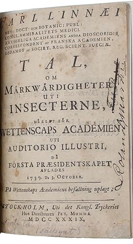 Tal, om Märkwärdigheter uti insecterne, hållt för Wettenscaps Academien uti Auditorio Illustri på...